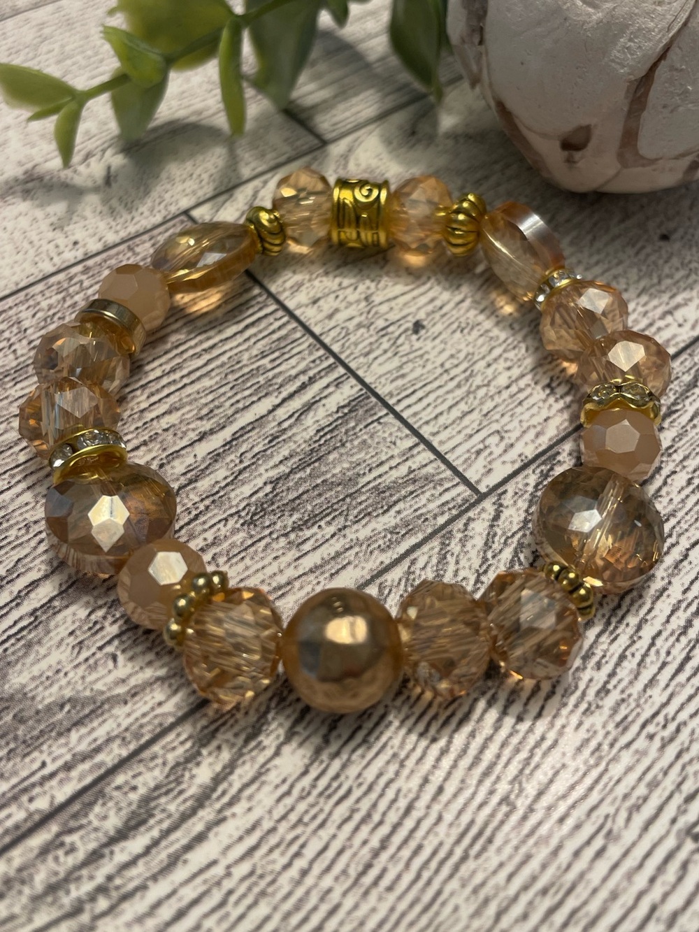 Champagne Crystal and Gold Accented Bracelet 10mm handmade stretch sparkle - Picture 5 of 6